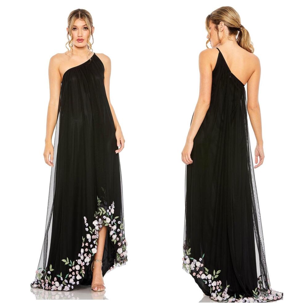 Mac Duggal Asymmetric Floral Chiffon High-Low Sleeveless Black Gown Size 10 NWT